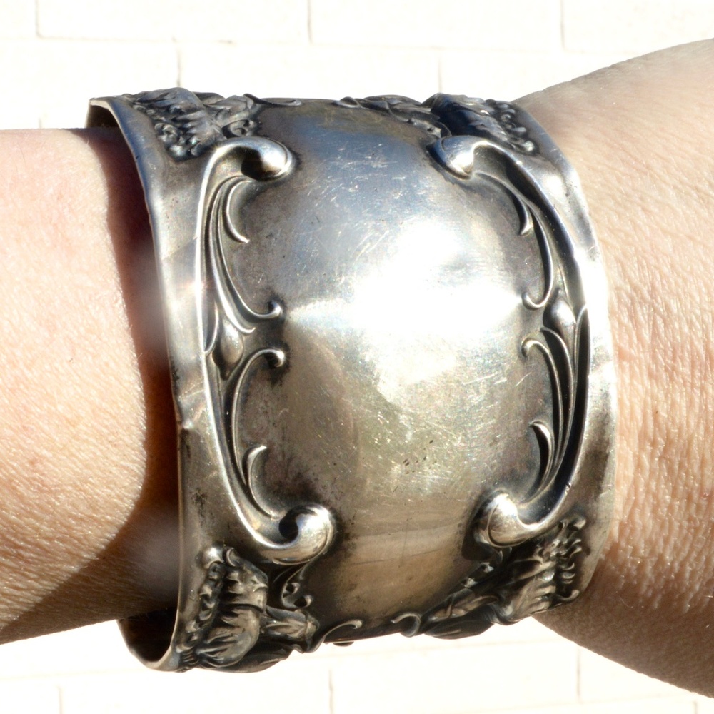 Antique Art Nouveau Floral Sterling Cuff Bracelet Victorian Repoussé Baroque